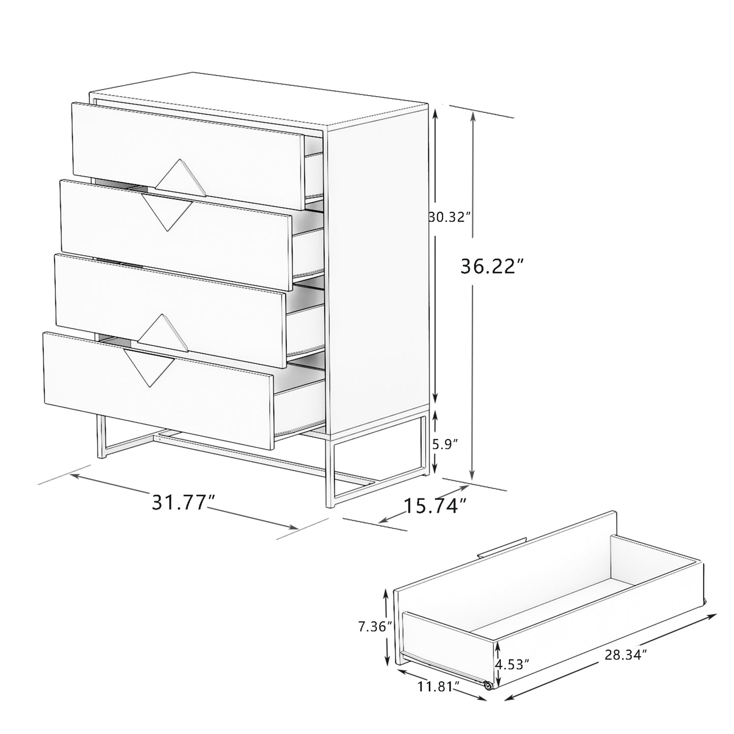 Solid wood special shape square handle design with 4 drawers bedroom furniture dressers