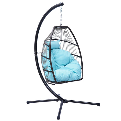 Patio Wicker folding Hanging Chair,Rattan Swing Hammock Egg Chair with C Type bracket , with cushion and pillow,for Indoor,Outdoor，Blue