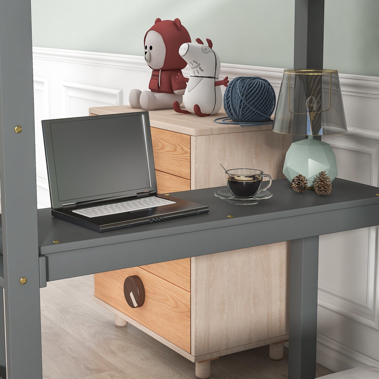 Twin Loft Bed with  built-in desk,Grey