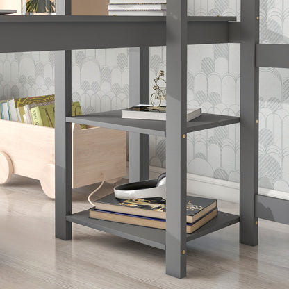 Full Loft Bed with Desk and Shelves,Gray