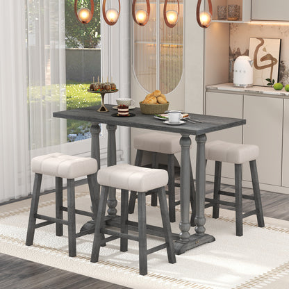 TREXM 5-Piece Dining Table Set, Counter Height Dining Furniture with a Rustic Table and 4 Upholstered Stools for Kitchen, Dining Room (Gray)