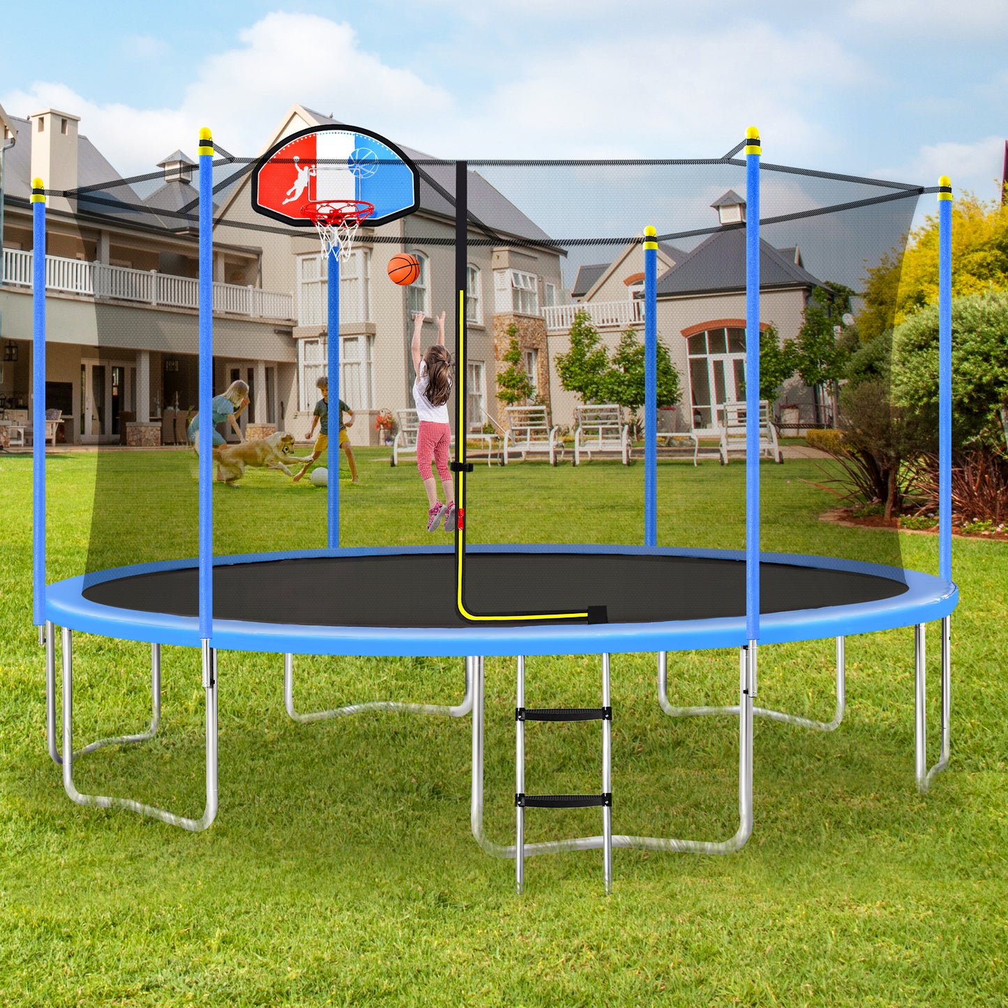 15FT Trampoline for Kids with Safety Enclosure Net, Basketball Hoop and Ladder, Easy Assembly Round Outdoor Recreational Trampoline