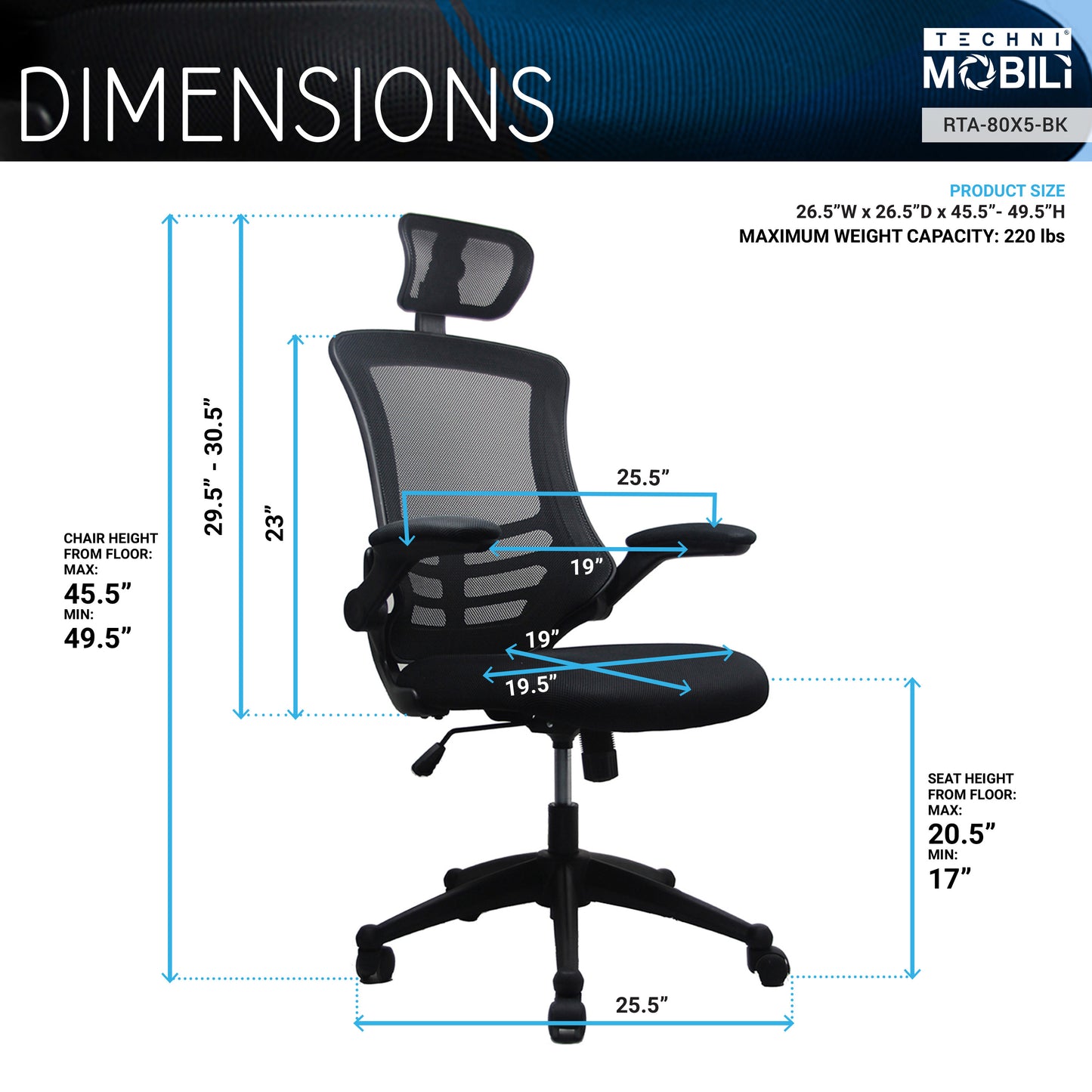 Techni Mobili Modern High-Back Mesh Executive Office Chair with Headrest and Flip-Up Arms, Black