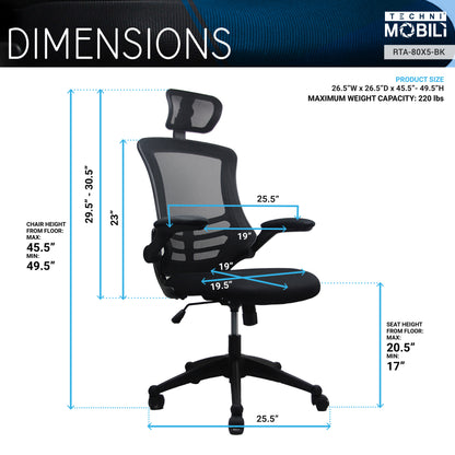 Techni Mobili Modern High-Back Mesh Executive Office Chair with Headrest and Flip-Up Arms, Black