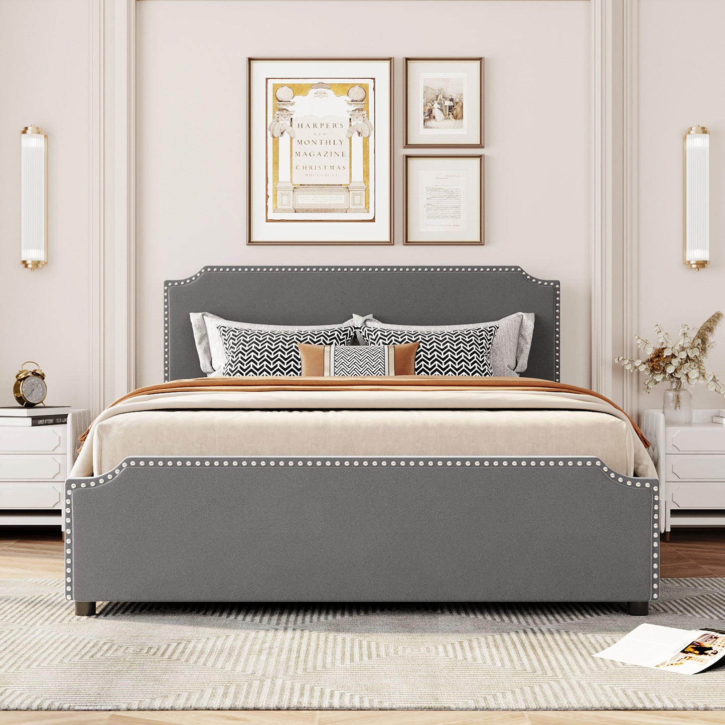 Upholstered Platform Bed with Stud Trim Headboard and Footboard and 4 Drawers No Box Spring Needed, Velvet Fabric, Queen Size (Gray)