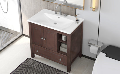 [VIDEO] 30" Bathroom Vanity with Sink, Bathroom Storage Cabinet with Doors and Drawers, Solid Wood Frame, Ceramic Sink, Brown