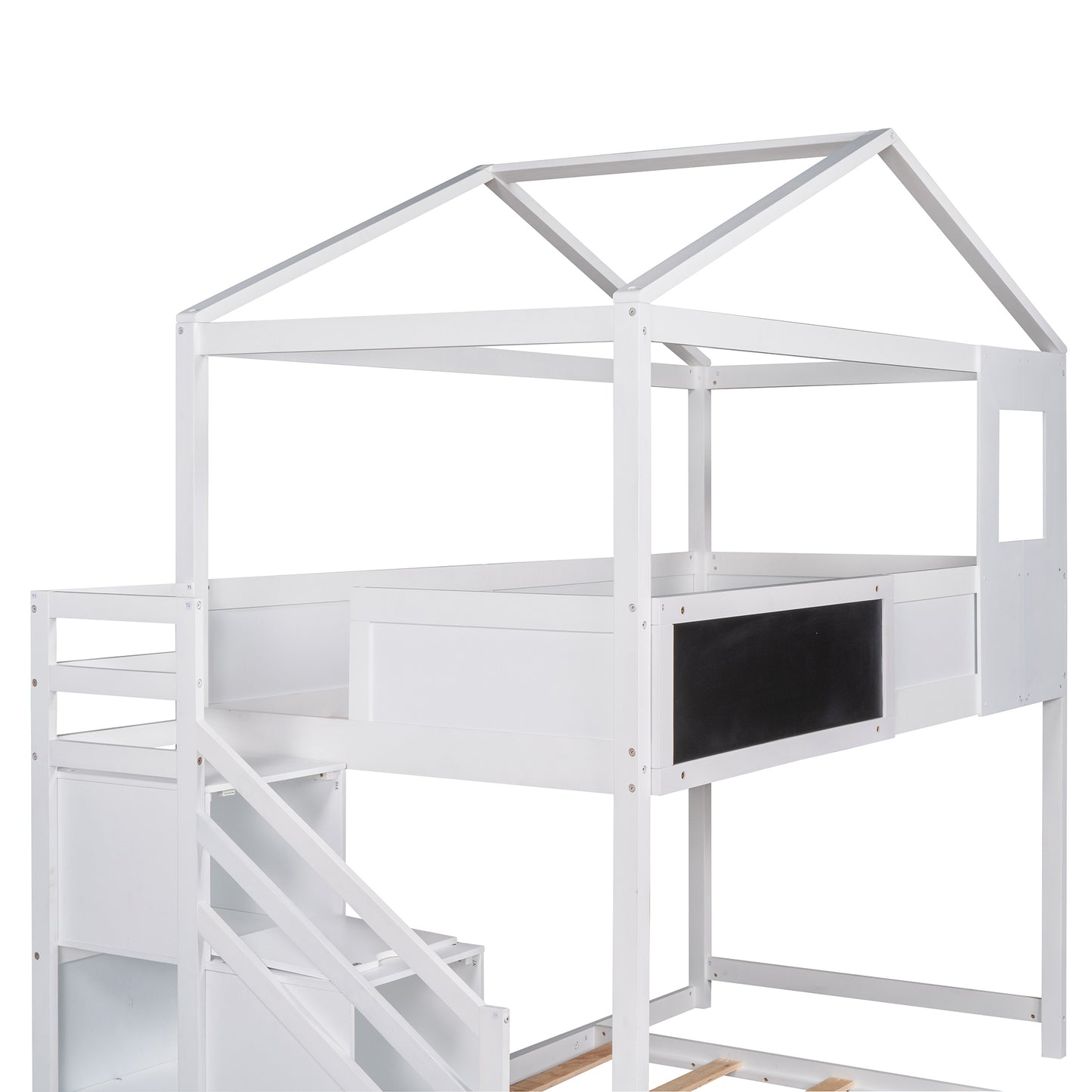 Twin over Full House Bunk Bed with Storage Staircase and Blackboard,White