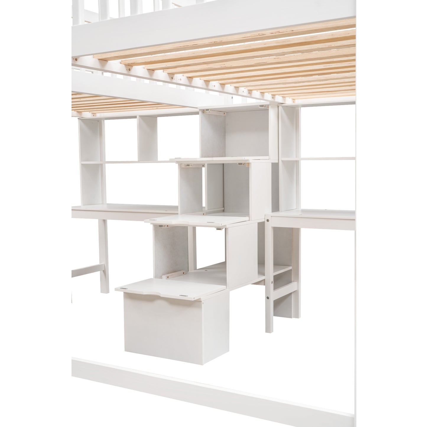 Twin & Twin Size Loft Bed with 2 Built-in Desks and Shelves, Storage Staircase, White