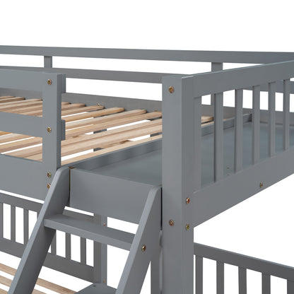 Full Over Twin & Twin Bunk Bed, Wood Triple Bunk Bed with Drawers and Guardrails  (Gray) （OLD SKU:LP000143AAE）