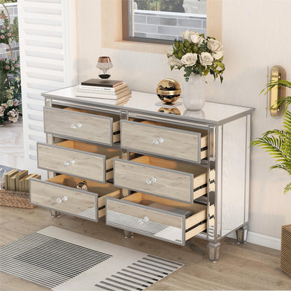 Elegant Mirrored Dresser with 6 Drawers, Modern Silver Finished Dresser 56.1“L x 18.1” W x 36.4” H for Living Room Bedroom