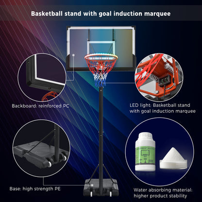 Portable Basketball Hoop Basketball System 4.76-10ft Height Adjustment for Youth Adults LED Basketball Hoop Lights, Colorful lights, Waterproof，Super Bright to Play at Night Outdoors,Good Gift for Kid