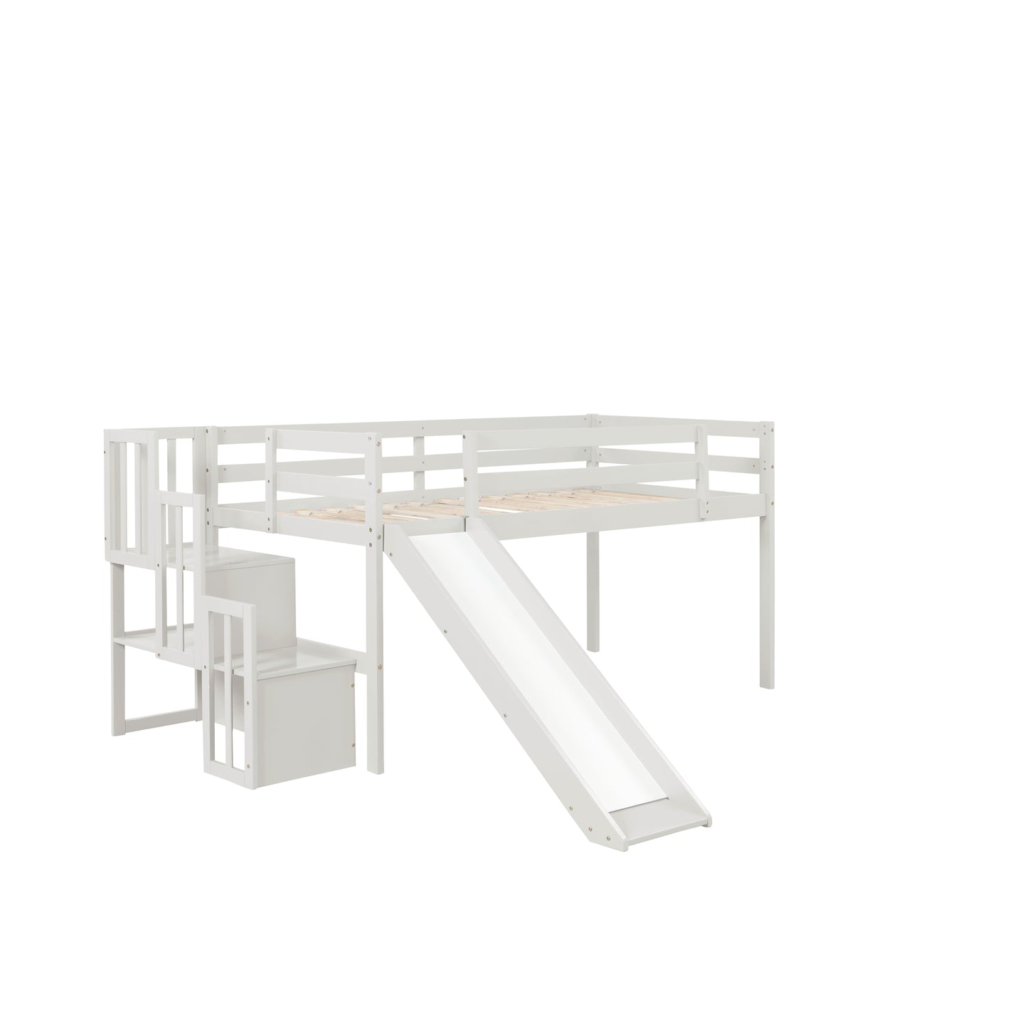 Loft Bed with Staircase, Storage, Slide, Twin size, Full-length Safety Guardrails, No Box Spring Needed, White \\\\n(Old Sku:W504S00004)