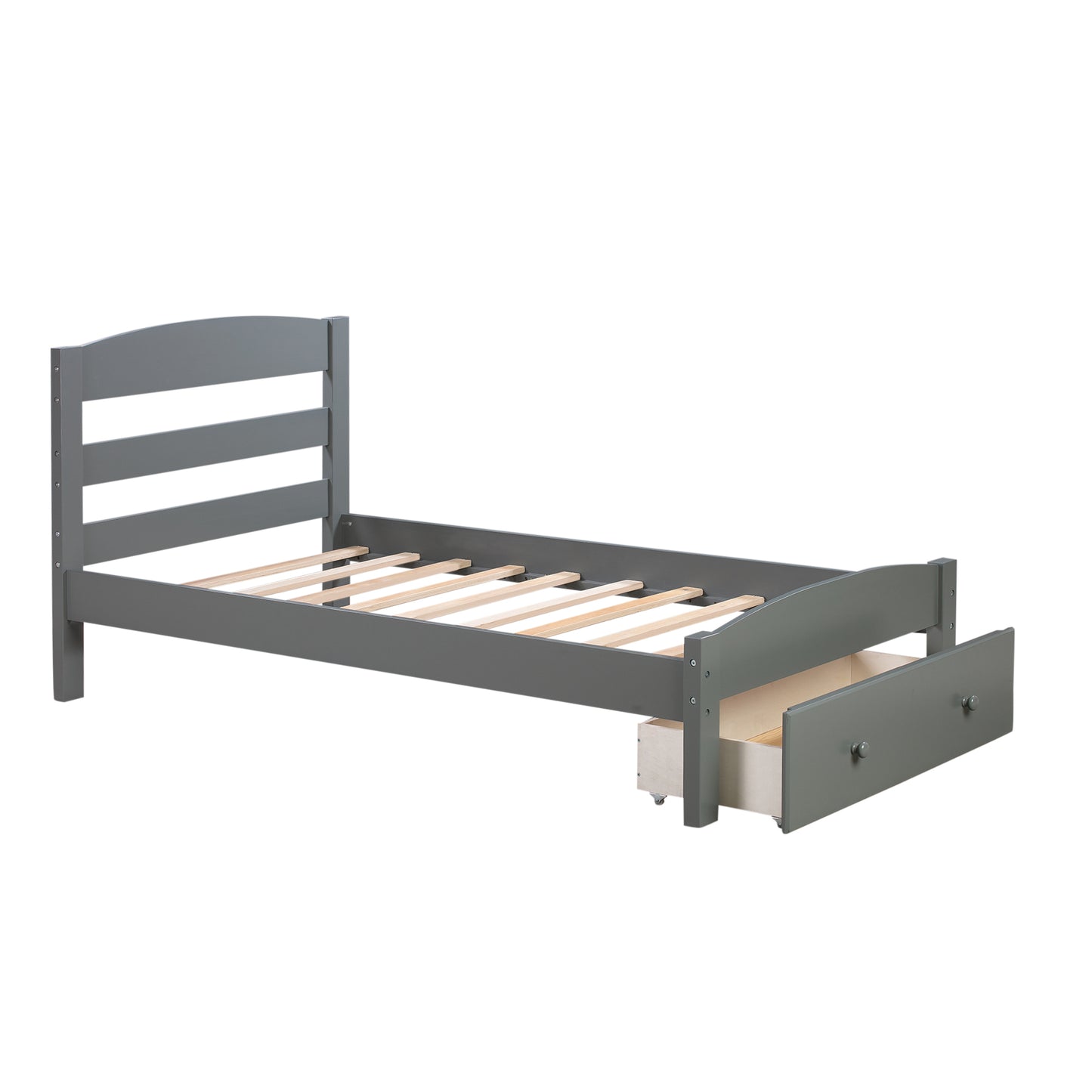 Platform Twin Bed Frame with Storage Drawer and Wood Slat Support No Box Spring Needed, Gray