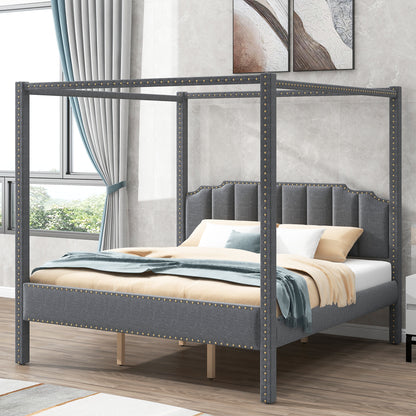 King Size Upholstery Canopy Platform Bed with Headboard,Support Legs,Gray