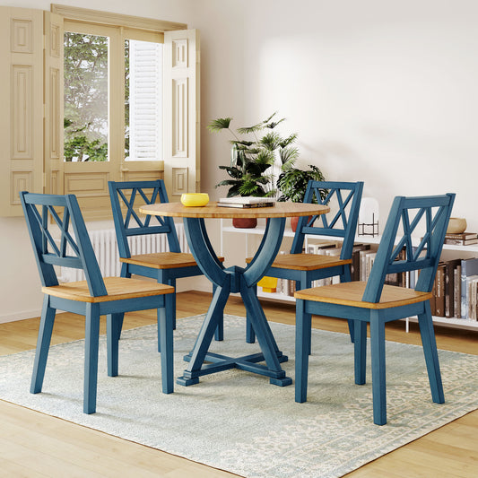 TOPMAX Mid-Century 5-Piece Round Dining Table Set with Trestle Legs and 4 Cross Back Dining Chairs, Antique Oak+Antique Blue