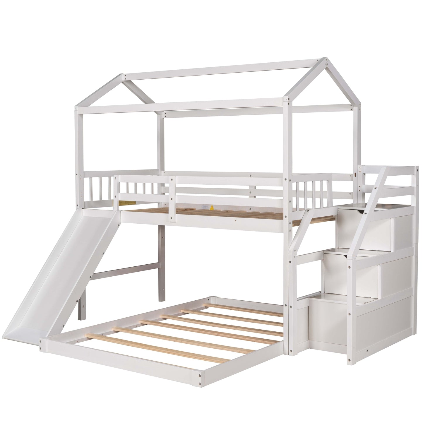 Twin over Full House Bunk Bed with Convertible Slide and Storage Staircase,Full-Length Guardrail,White