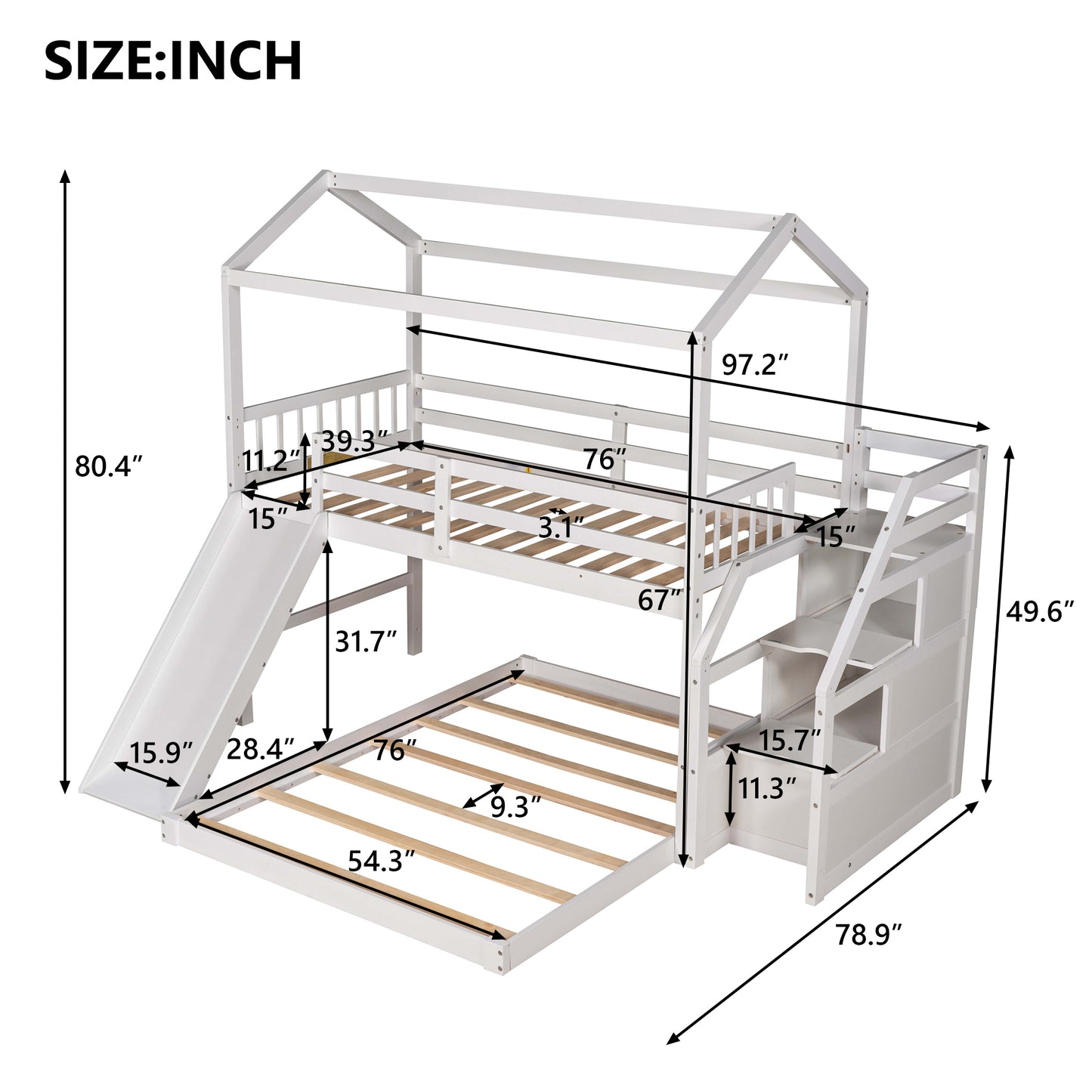 Twin over Full House Bunk Bed with Convertible Slide and Storage Staircase,Full-Length Guardrail,White