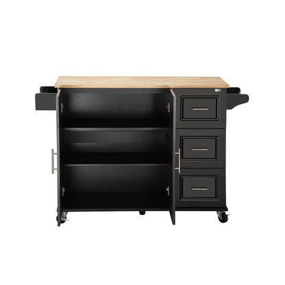 Kitchen Island & Kitchen Cart, \\nMobile Kitchen Island with Extensible Rubber Wood Table Top,\\nadjustable Shelf Inside Cabinet,\\n3 Big Drawers, with Spice Rack, Towel Rack, \\nBlack-Beech .