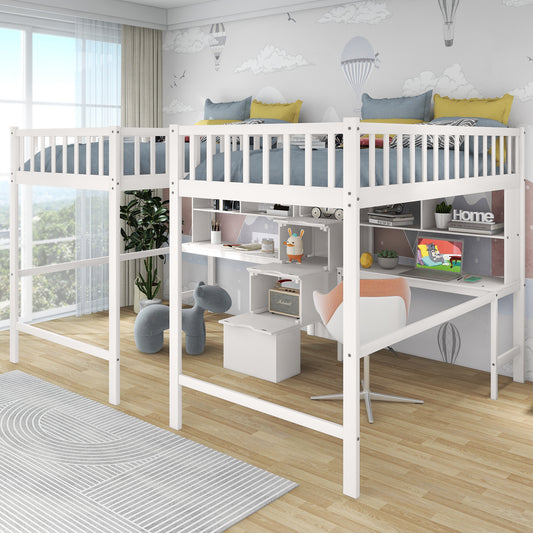 Twin & Twin Size Loft Bed with 2 Built-in Desks and Shelves, Storage Staircase, White