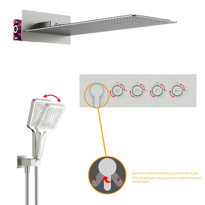 Shower System, Ultra-thin Wall Mounted Shower Faucet Set for Bathroom, Wall Massage Water, Stainless Steel Rain Shower head Handheld Shower Set, 23 inch square large panel, Brushed Nickel