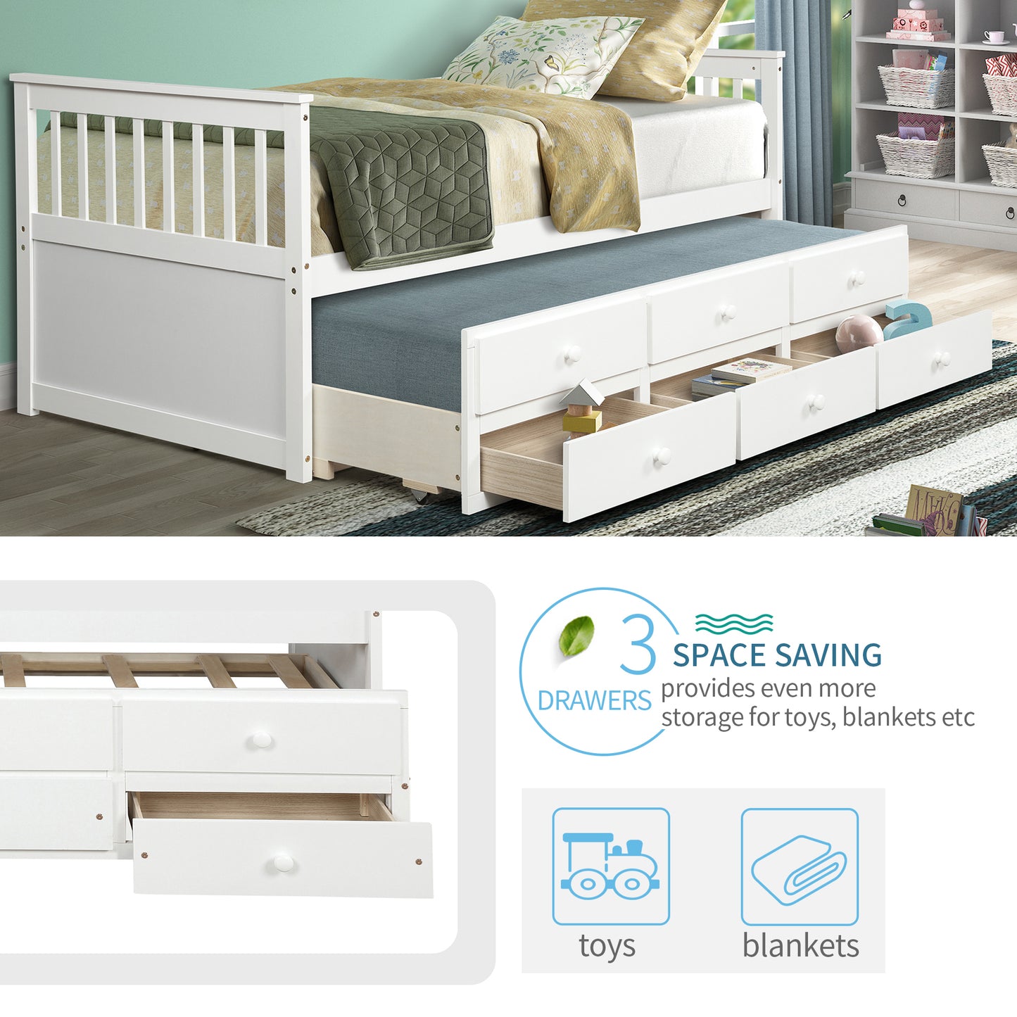 TOPMAX Captain's Bed Twin Daybed with Trundle Bed and Storage Drawers, White