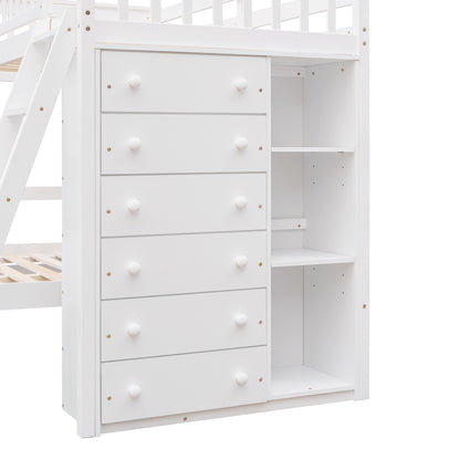 Wooden Twin Over Full Bunk Bed With Six Drawers And Flexible Shelves,Bottom Bed With Wheels,White(OLD SKU:LP000531AAK)