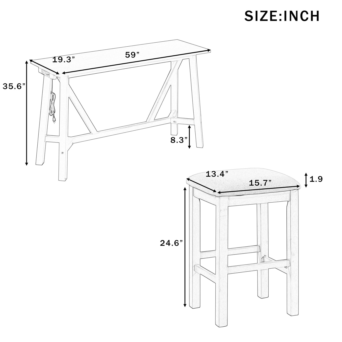 TREXM Multipurpose Home Kitchen Dining Bar Table Set with 3 Upholstered Stools(Dark Walnut)