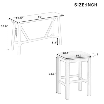 TREXM Multipurpose Home Kitchen Dining Bar Table Set with 3 Upholstered Stools(Dark Walnut)