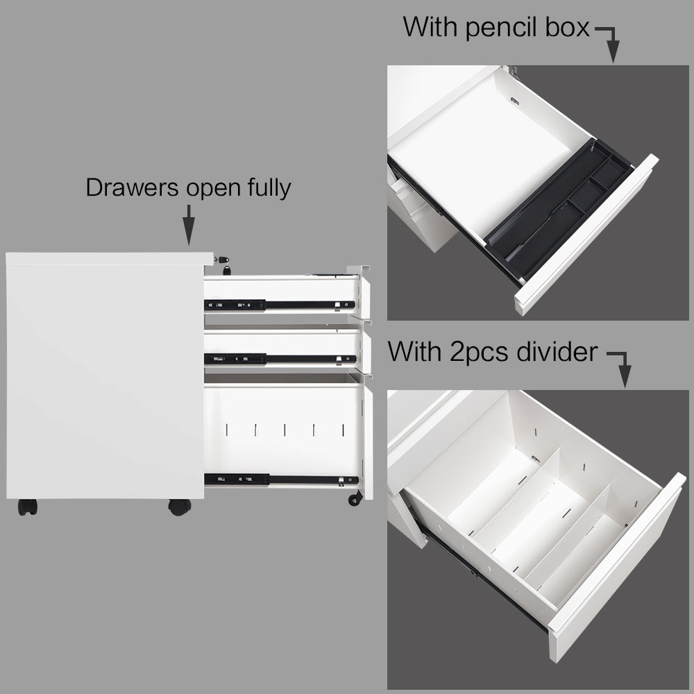 Steel 3 Drawer File Cabinet with Lock, Rolling Locking Filing Cabinet with Wheels, Mobile Metal Steel Office Cabinets Under Desk with Key