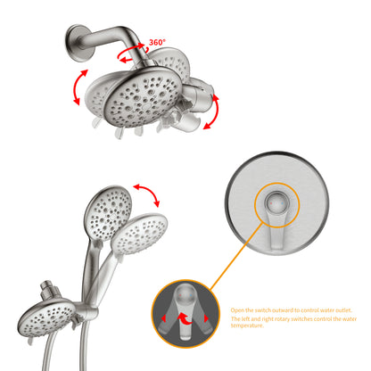 Large Amount of water Multi Function Dual Shower Head - Shower System with 4." Rain Showerhead, 6-Function Hand Shower, Brushed Nickel