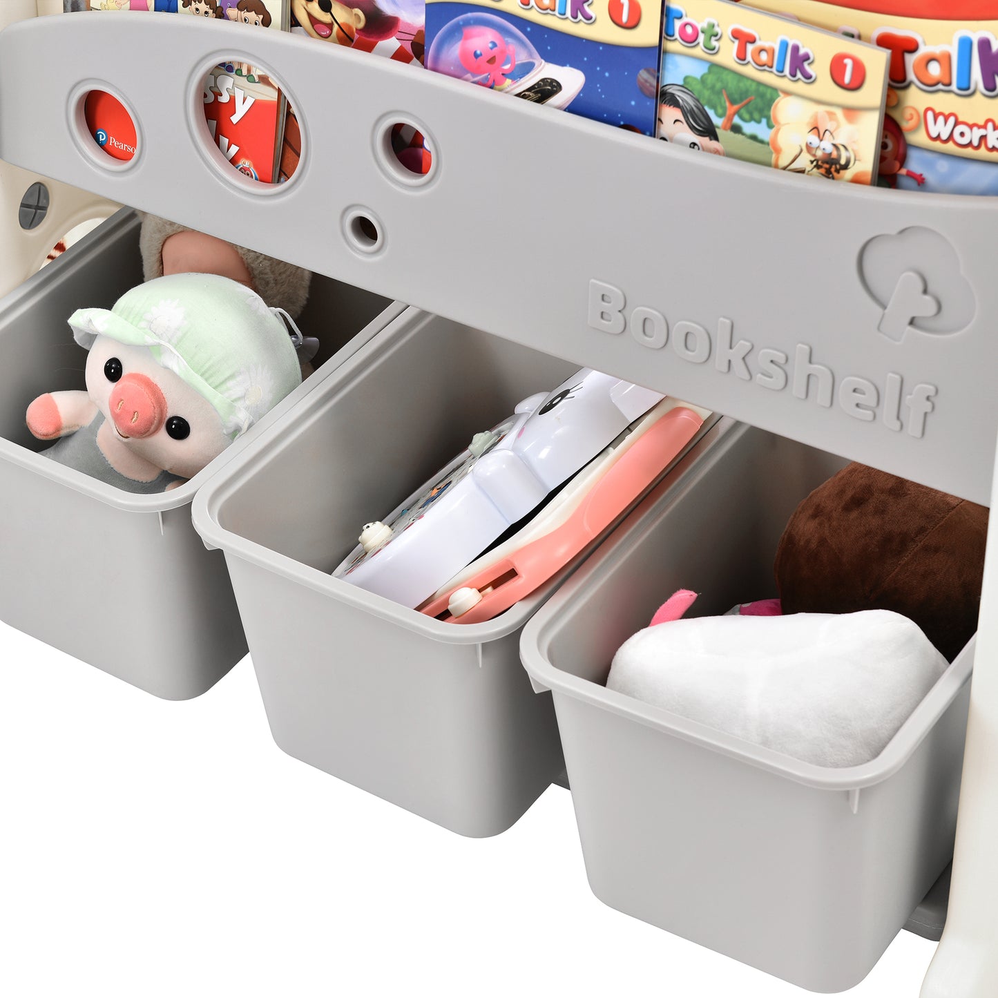 Kids Bookshelf Toy Storage Organizer with 3 Large Bins and 4 Bookshelves, Multi-functional Nursery Organizer Kids Furniture Set with HDPE Shelf and Bins for Playroom, Bedroom, Living Room
