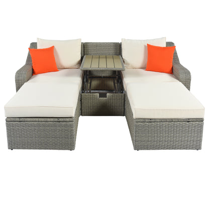 U_STYLE Patio Furniture Sets, 3-Piece Patio Wicker Sofa with  Cushions, Pillows, Ottomans and Lift Top Coffee Table