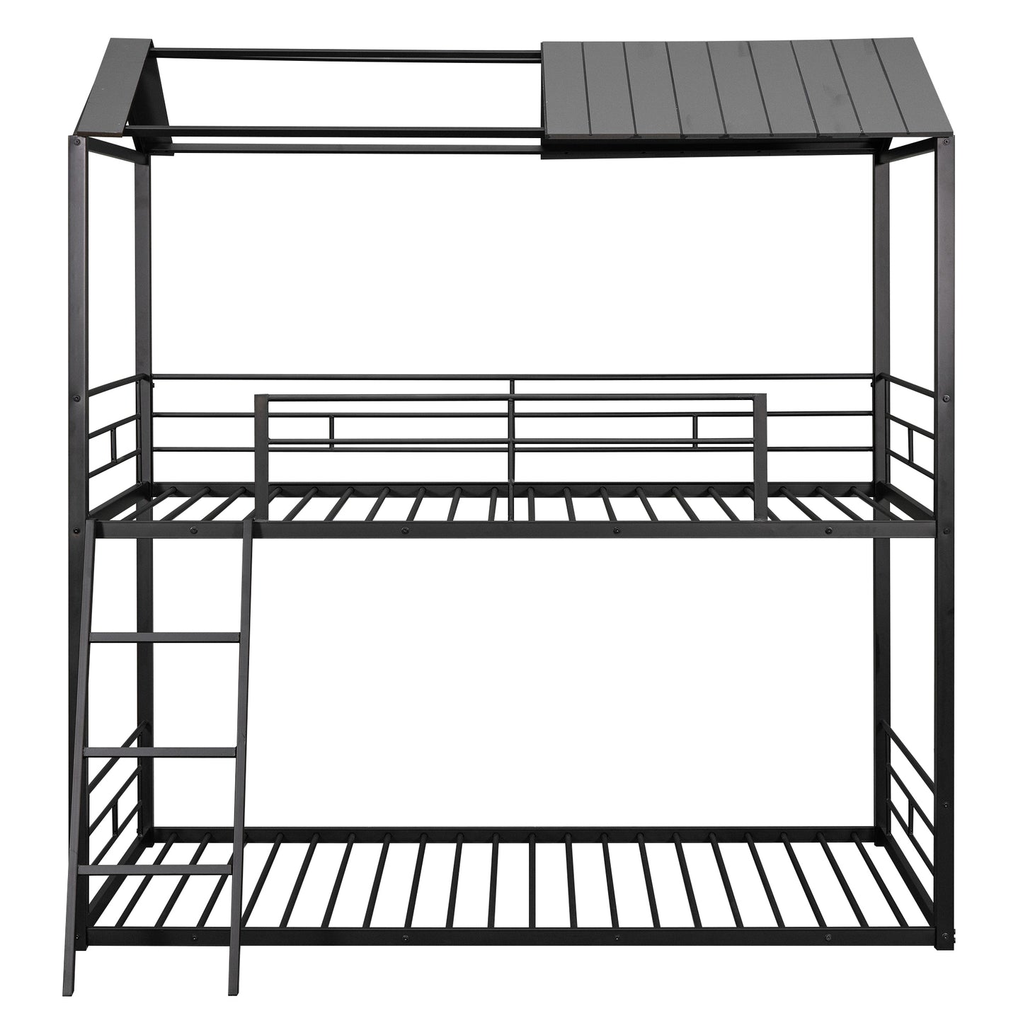 Twin Over Twin Bunk Bed Metal Bed with Half Roof, Guardrail and Ladder Black