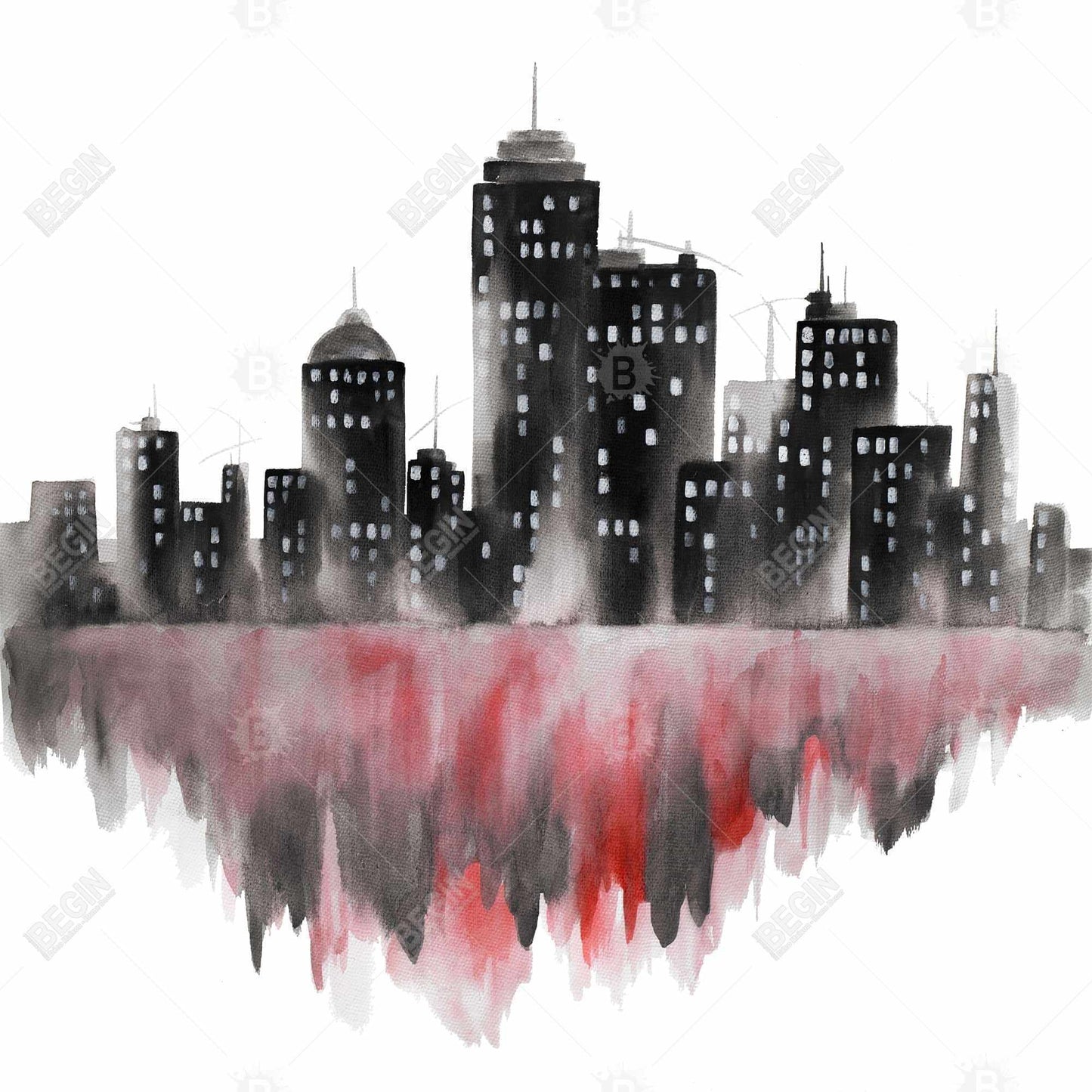 Red watercolor cityscape - 12x12 Print on canvas