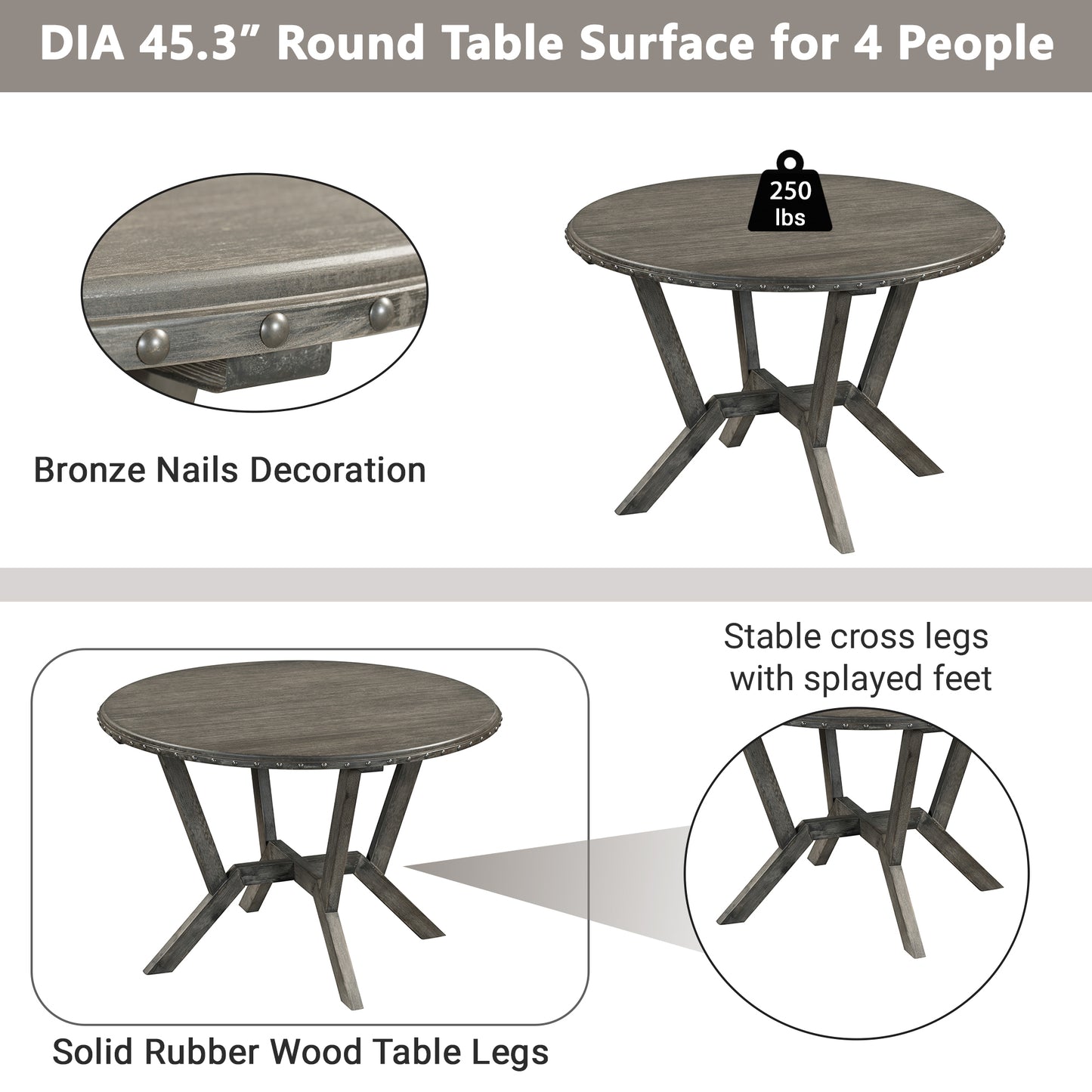 TOPMAX Mid-Century 5-Piece Dining Table Set, Round Table with Cross Legs, 4 Upholstered Chairs for Small Places, Kitchen, Studio, Gray