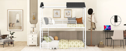 Twin Over Twin Bunk Bed Metal Bed with Half Roof, Guardrail and Ladder White