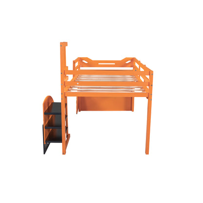 Twin Size Forklift Car-Shaped Loft Bed with Storage Shelves,Orange