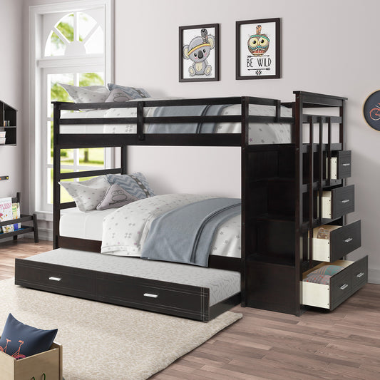 Solid Wood Bunk Bed , Hardwood Twin Over Twin Bunk Bed with Trundle and Staircase, Natural Espresso Finish (OLD SKU: LP000068AAP)