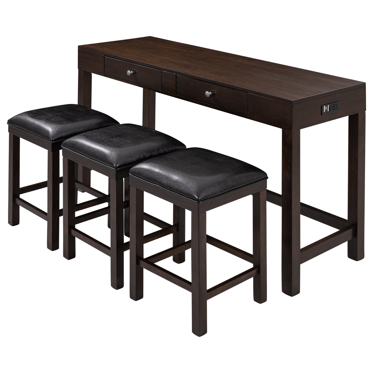 TOPMAX 4-Piece Counter Height Table Set with Socket and Leather Padded Stools, Espresso