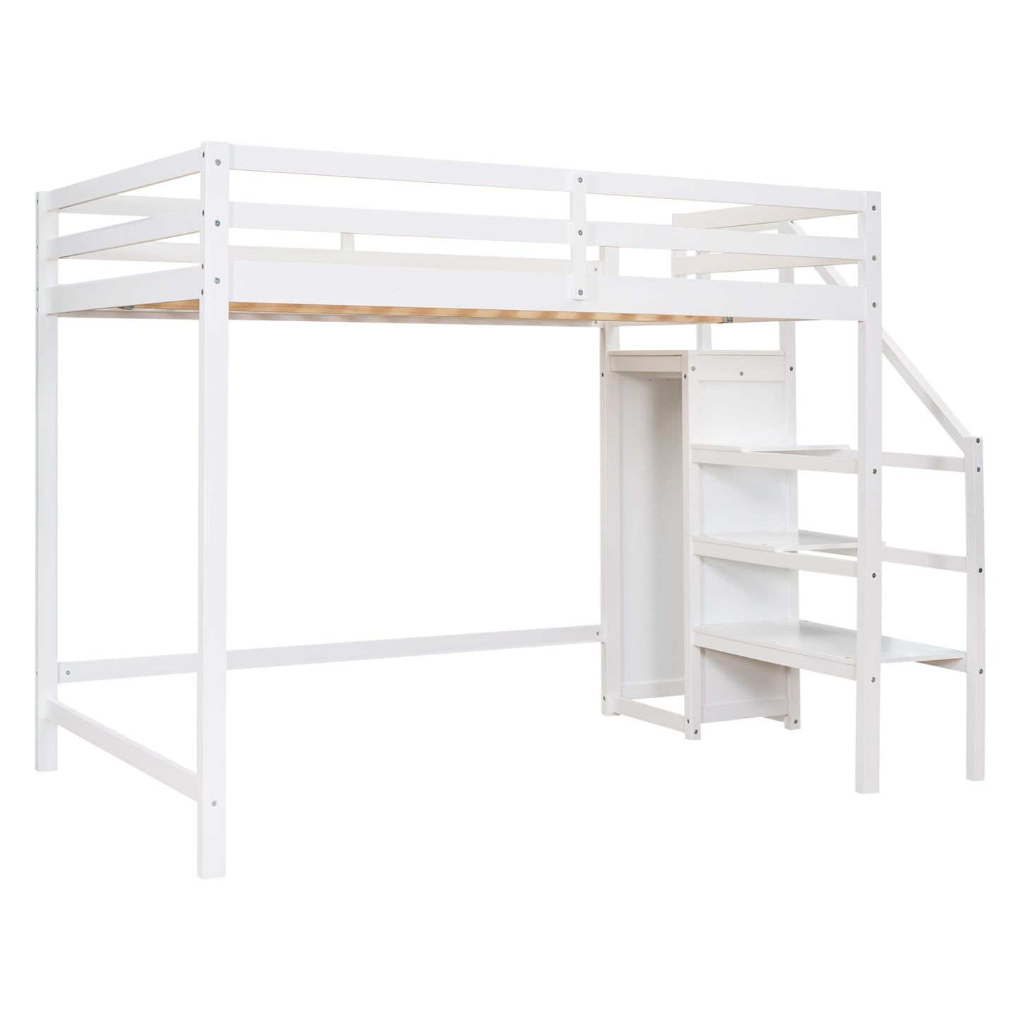 Full Size Loft Bed with Built-in Storage Wardrobe and Staircase,White