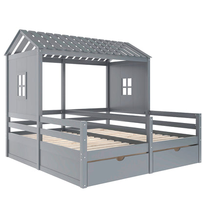 Twin Size House Platform Beds with Two Drawers for Boy and Girl Shared Beds, Combination of 2 Side by Side Twin Size Beds,Grey