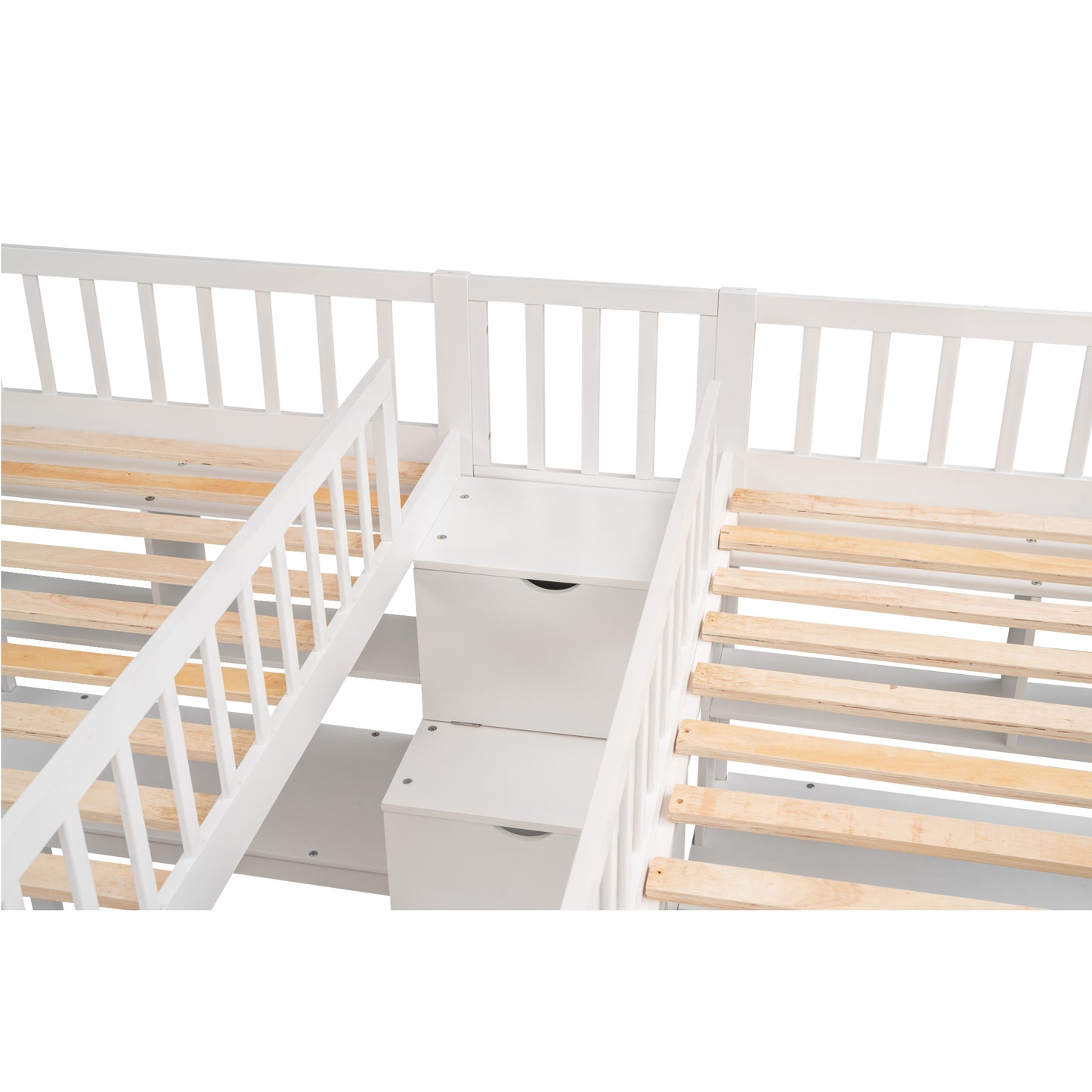 Twin & Twin Size Loft Bed with 2 Built-in Desks and Shelves, Storage Staircase, White