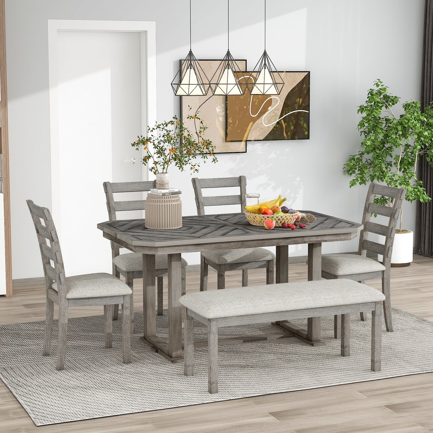 TREXM 6-Piece Rubber Wood Dining Table Set with Beautiful Wood Grain Pattern Tabletop Solid Wood Veneer and Soft Cushion (Gray)