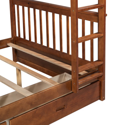 Full-Over-Full Bunk Bed with Ladders and Two Storage Drawers (Walnut)