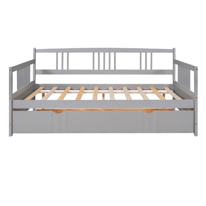 Full Size Daybed Wood Bed with Twin Size Trundle,Gray