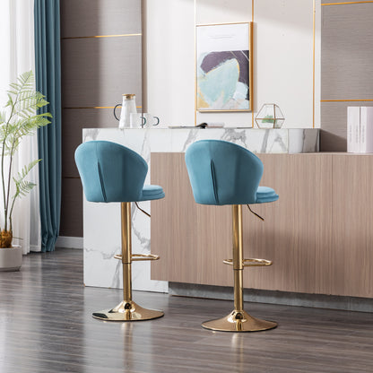 Set of 2  Bar Stools,with Chrome Footrest and Base Swivel Height Adjustable Mechanical Lifting Velvet + Golden Leg Simple Bar Stool-Baby Blue