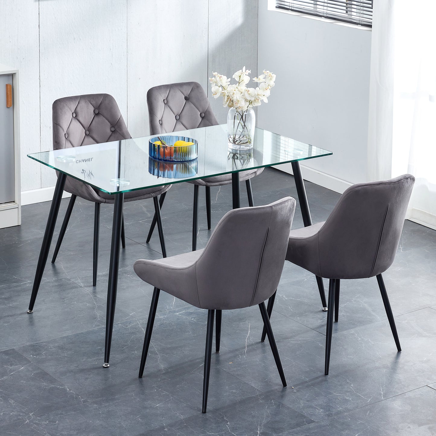 Kitchen Dining Room Metal legs Glass Table Set with 4 pcs grey velvet fabric dining chairs