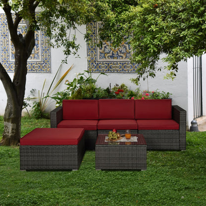 Outdoor Garden Patio Furniture 5-Piece Gray PE Rattan Wicker Sectional Red Cushioned Sofa Sets