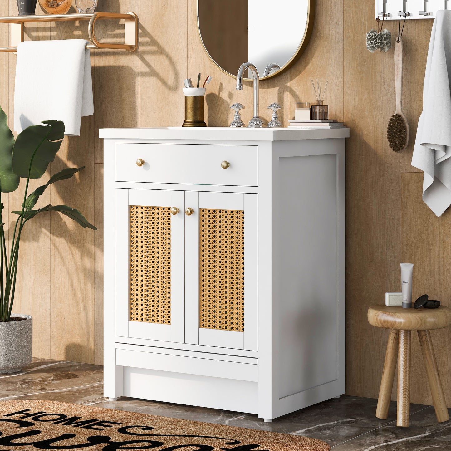 24" Bathroom vanity with Single Sink，White Combo Cabinet Undermount Sink，Bathroom Storage Cabinet，Solid Wood Frame，Pull-out footrest