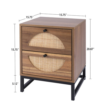 Natural rattan，2 Drawer side table，Display Rack for Bedroom and Living Room，Nightstand Side Table Bedroom Storage Drawer Bedside End Table